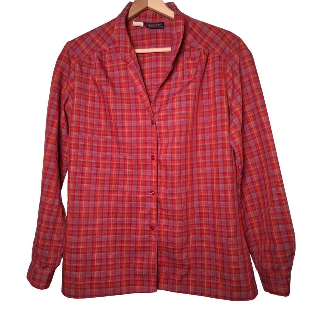 Vintage Dee Cee Blouse Women 10 Rust Blue Plaud Button Collared Modest Retro
